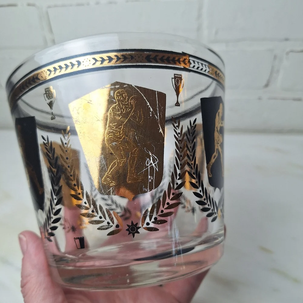 Vintage Glass Ice Bucket Barware 1950’s Sports Theme Black And Gold Trophies